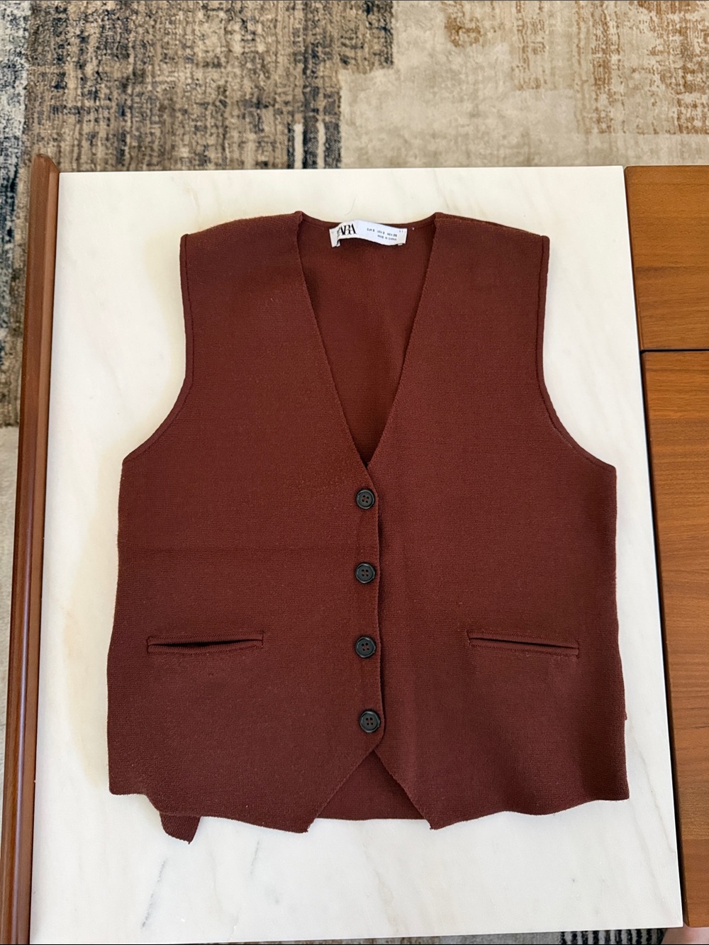 Zara Rust Brown Button-Front Wool Vest